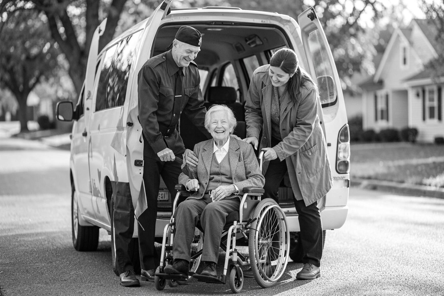 A Manuel’s Express driver helping a passenger down the wheelchair lift