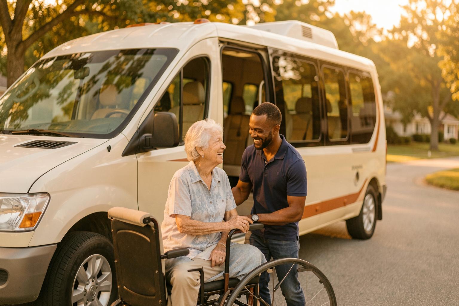 A Manuel’s Express driver gently helping a passenger step down from the van at golden hour