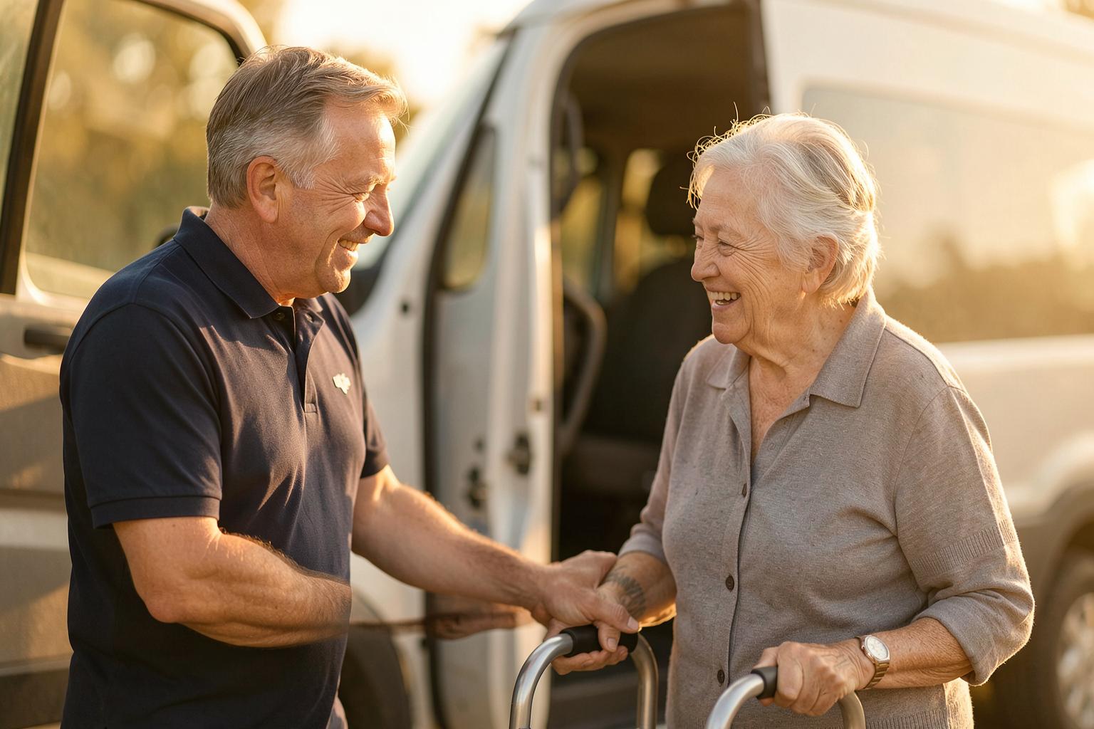 A driver offering a steady hand to a passenger with a walker